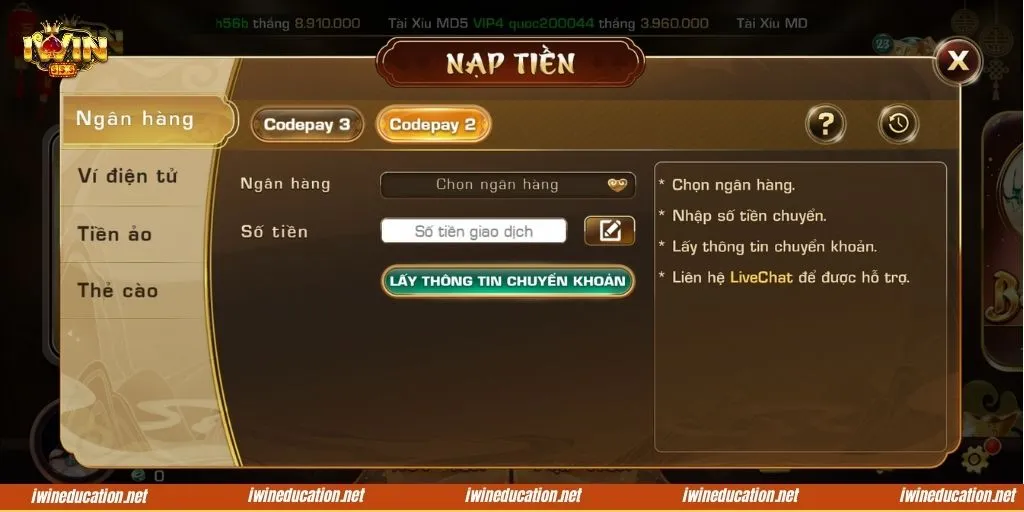 Chỉ được phép nạp tiền từ các phương thức được cổng game chấp nhận