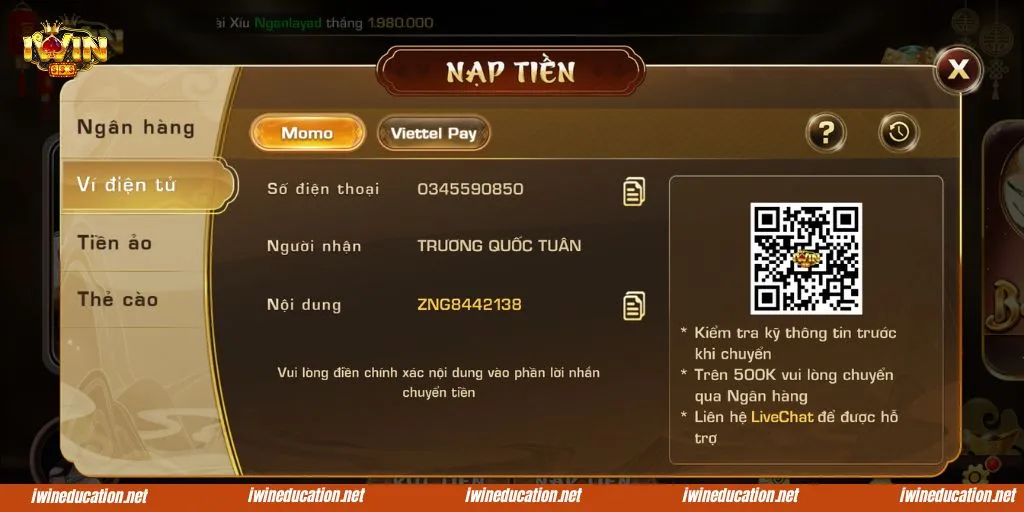 Nạp tiền IWIN qua ví điện tử